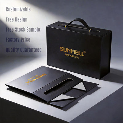 Custom Matte Black Rigid Suitcase Gift Box | Foldable Magnetic with Leather Handle & Gold Clasp for Luxury Apparel Sports & Gift Brands | MOQ 100 pcs