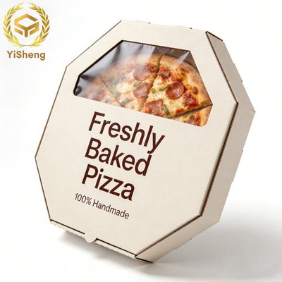 Custom Octagonal Pizza Box with Clear PVC Window | White or Kraft Paper Corrugated for Artisan Handmade Pizza Brand Delivery & Dine-In Packaging | MOQ 100 pcs