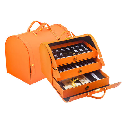 Custom Orange Arch Multi-Drawer PU Leather Jewelry Storage Case | Gold Metal Handle Classic Diamond Pattern 3-Layer Drawer Black Velvet Divider Interior for Jewelry Brand Beauty & Gift Set Display | MOQ 100 pcs