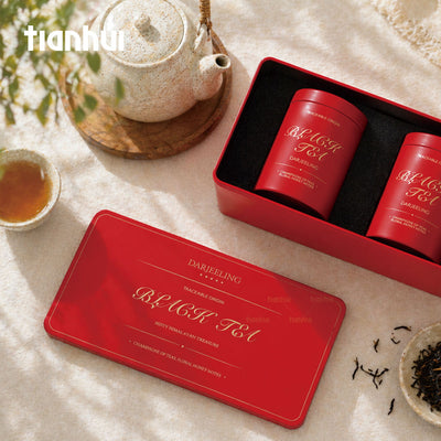 Custom Premium Tea Gift Set Tin Box | Rectangle Tray with 2 Round Tea Caddies Gold Foil Script Print Foam Interior Red or White for Black Tea Green Tea Coffee & Luxury Brand Gift Set | MOQ 100 pcs