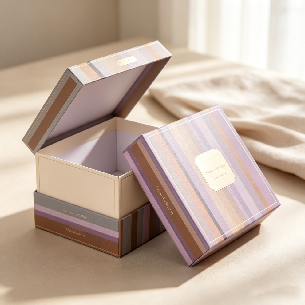 Custom Morandi Multicolor Stripe Two-Piece Lid and Base Gift Box | Cream Interior Gold Border Print for Beauty Skincare Fragrance & Lifestyle Brand Gift Packaging | MOQ 100 pcs