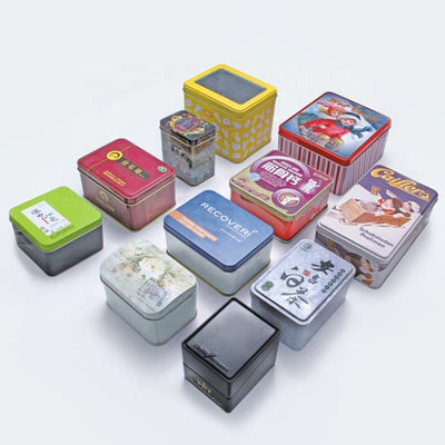 Custom Multi-Size Square & Rectangle Hinged Tin Box | Optional PVC Clear Window Lid Full-Color or Plain Print for Tea Cookie Candy Chocolate Health Supplement & Brand Packaging | MOQ 100 pcs