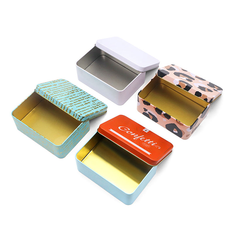 Custom Small Rectangle Rounded Corner Hinged Tin Box with Gold Interior | Multi-Color Plain White Teal Stripe Pink Leopard or Full-Color Brand Print for Cookie Candy Jewelry & Gift Tin | MOQ 100 pcs