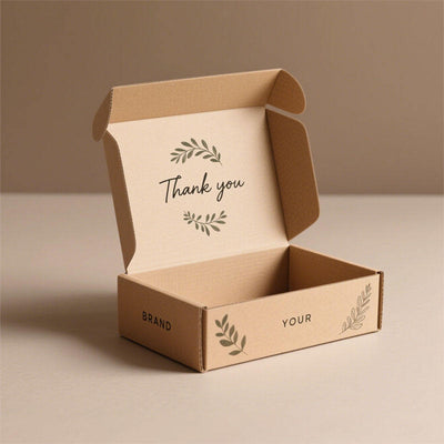 Custom Kraft Mailer Boxes | Natural Kraft Outside Inner Thank You Botanical Print for Apparel Organic Brands | MOQ 100 pcs