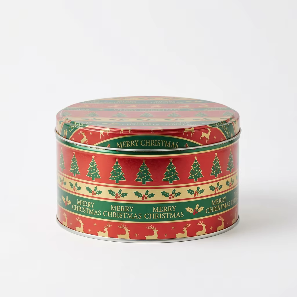 Custom Classic Christmas Round Cookie Tin | Red Green Gold Christmas Tree Reindeer Holly Stripe with Full-Color Festive Lid Scene Print for Holiday Cookie Candy & Gift Tin Packaging | MOQ 100 pcs