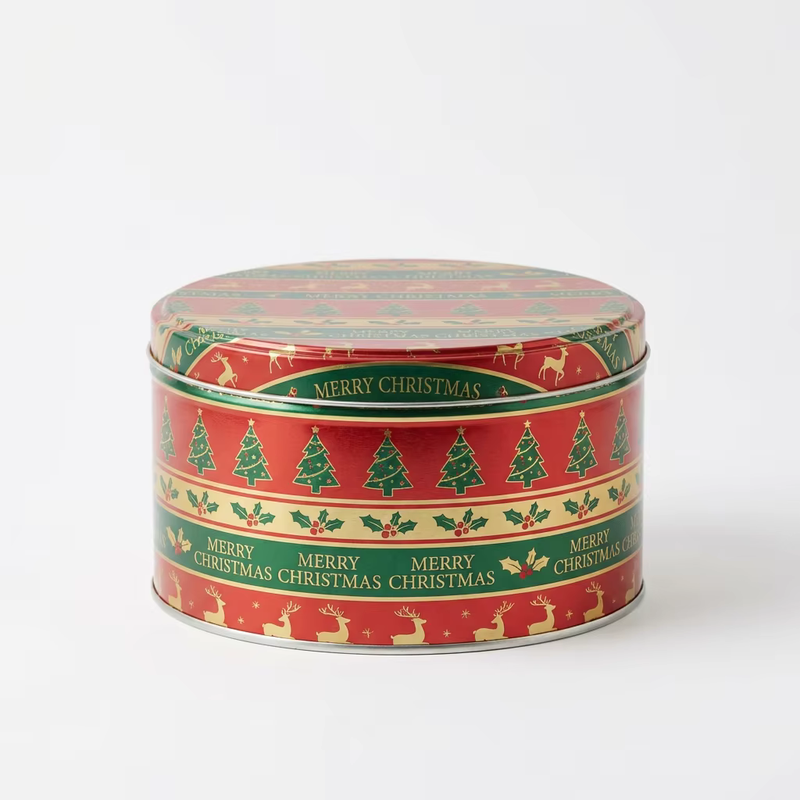 Custom Classic Christmas Round Cookie Tin | Red Green Gold Christmas Tree Reindeer Holly Stripe with Full-Color Festive Lid Scene Print for Holiday Cookie Candy & Gift Tin Packaging | MOQ 100 pcs