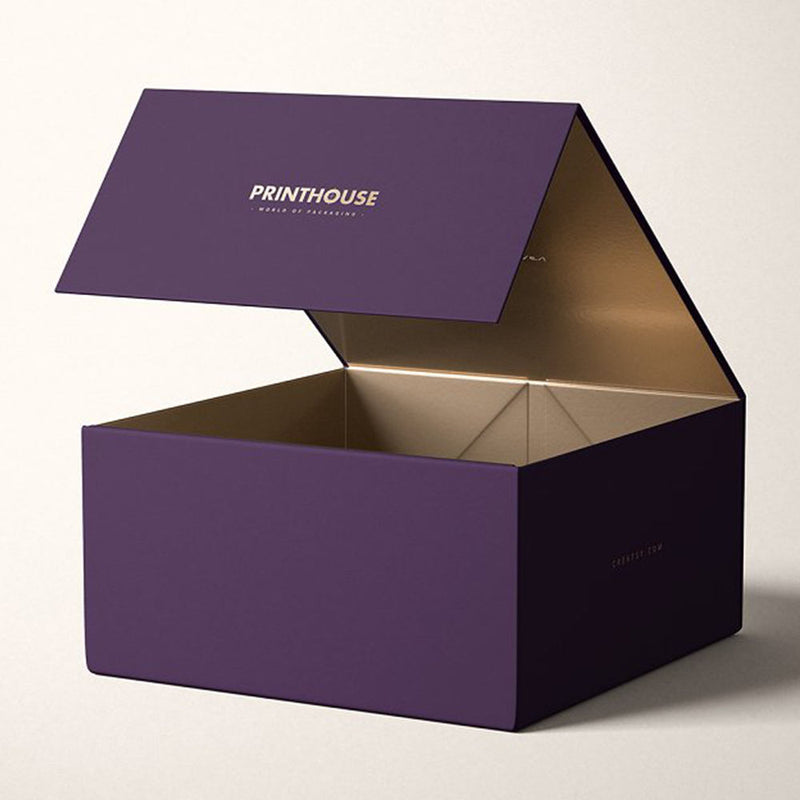 Custom Deep Purple Matte Magnetic Gift Box | Gold Foil Logo & Gold Interior Lining Large Size for Luxury Apparel Gift Sets Subscription Box & Corporate Gifts | MOQ 100 pcs