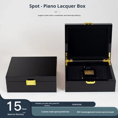 Custom Black Piano Lacquer Hinged Wood Gift Box | Gold Corner Hinges & Front Clasp Black Velvet Interior for Perfume Jewelry Watch Beauty Skincare Luxury Brand Single-Piece Premium Gift | MOQ 100 pcs