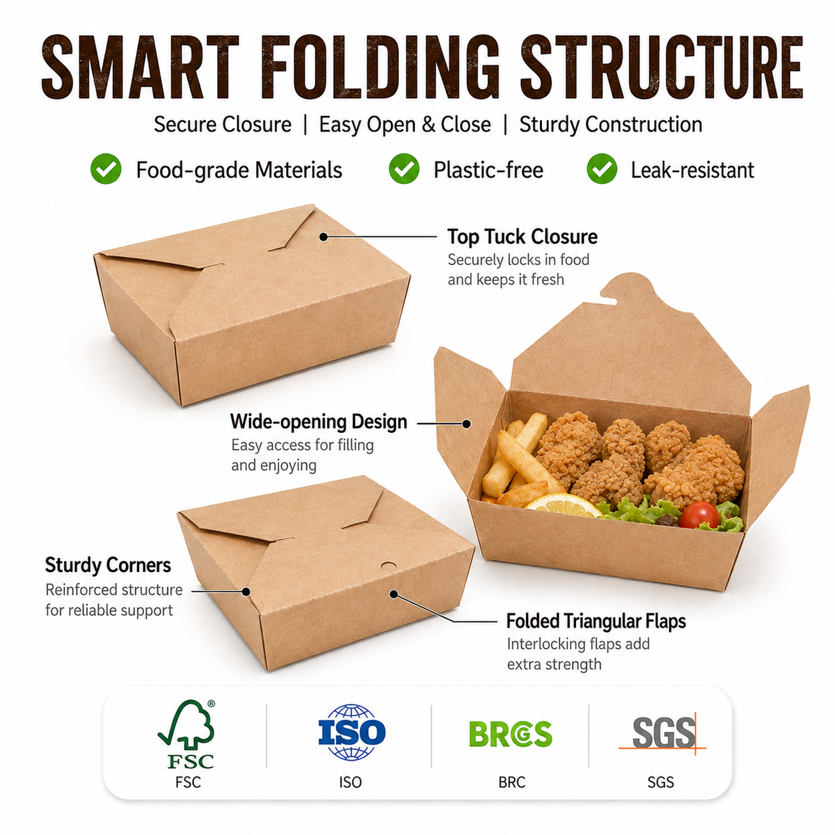 Cajas para llevar personalizadas de papel Kraft con tapa plegable | Fiambrera plegable de calidad alimentaria a prueba de fugas con logotipo | Cantidad mínima de pedido 100 unidades
