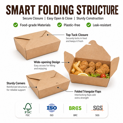 Cajas para llevar personalizadas de papel Kraft con tapa plegable | Fiambrera plegable de calidad alimentaria a prueba de fugas con logotipo | Cantidad mínima de pedido 100 unidades