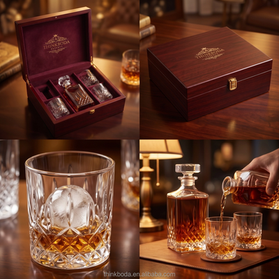 Custom Deep Red High-Gloss Wood Whiskey Decanter Gift Set Box | Inner Lid Gold Brand Logo Hot Stamp Wine Red Velvet Divider Insert Crystal Decanter & 2 Glasses Gold Clasp Hinge for Whiskey Spirits Brand Premium Gift | MOQ 100 pcs