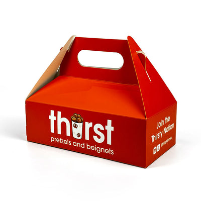 Cajas de Papel Impresas Personalizadas con Asa a Dos Aguas | Cajas de Transporte con Logo para Panadería, Alimentos y Comida para Llevar | MOQ 100 unidades