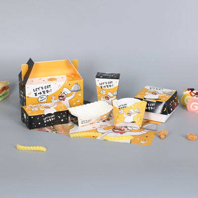 Custom Cartoon Printed Fast Food Paper Box Set | Chicken Bucket Burger Box Fry Cup & Tray | MOQ 100 pcs
