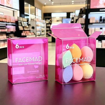 Custom Colored Gradient Translucent PVC Folding Packaging Box | Full Color Brand Logo Print Optional Hang Hole Rose Pink Purple Iridescent for Beauty Sponge Makeup Tool Skincare Cosmetics Retail Shelf Display | MOQ 100 pcs