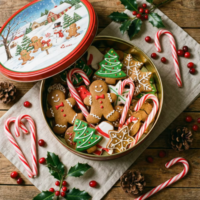 Custom Classic Christmas Round Cookie Tin | Red Green Gold Christmas Tree Reindeer Holly Stripe with Full-Color Festive Lid Scene Print for Holiday Cookie Candy & Gift Tin Packaging | MOQ 100 pcs