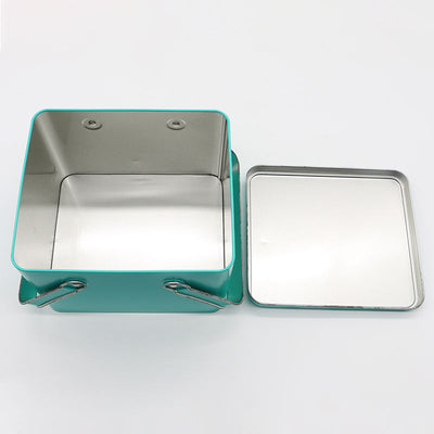 Custom Tiffany Green Square Picnic Tin Box with Dual Fold Metal Handle | Plain Color or Custom Print for Outdoor Picnic Baking Gift Food Storage Brand Packaging | MOQ 100 pcs