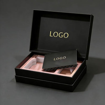 Custom Matte Black Two-Piece Lid and Base Gift Box | Gold Foil Logo & Custom EVA or Velvet Insert for Wallet Watch Perfume Skincare Electronics & Beauty Brand Packaging | MOQ 100 pcs