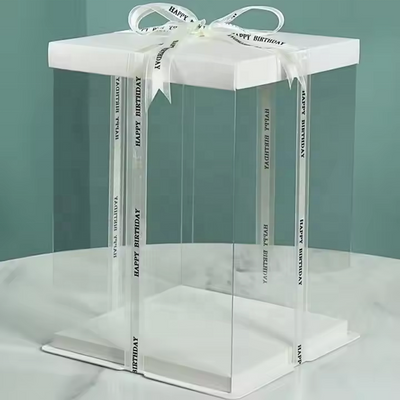Custom Clear PVC Cake Display Gift Box | White Cardboard Lid & Base Satin Ribbon Bow Multi-Height Sizes for Birthday Cake Dessert Flower Gift Brand Packaging | MOQ 100 pcs
