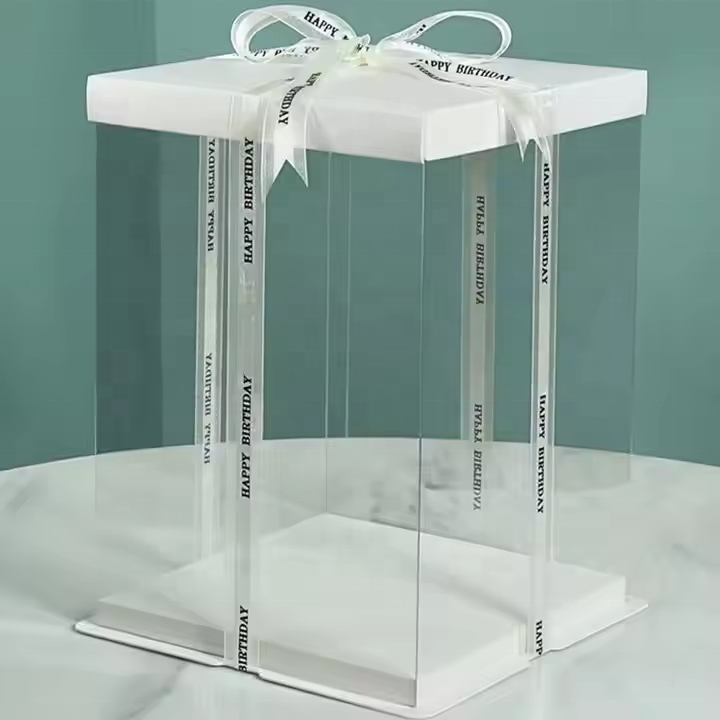 Custom Clear PVC Cake Display Gift Box | White Cardboard Lid & Base Satin Ribbon Bow Multi-Height Sizes for Birthday Cake Dessert Flower Gift Brand Packaging | MOQ 100 pcs