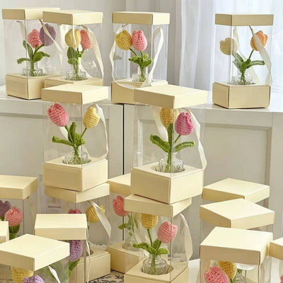 Custom Clear PVC Flower Bouquet Display Tote Box | Cardboard Lid & Base Satin Ribbon Handle Pink White Cream for Fresh Rose Crochet Flower Mother's Day Wedding Bridal Gift Packaging | MOQ 100 pcs