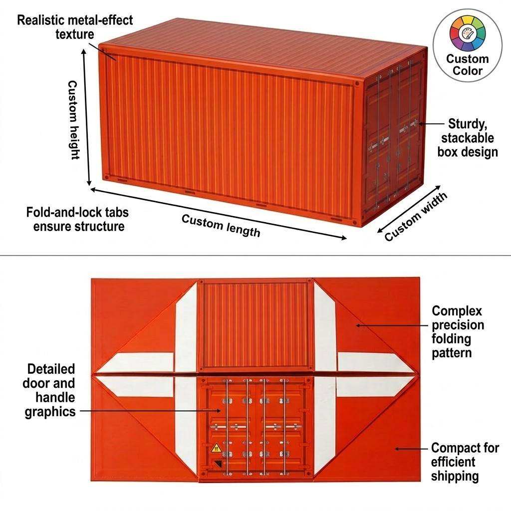 Custom Shipping Container Shape Foldable Gift Box | Realistic Metal Texture with Inner Divider for Food Wine Electronics & Corporate Creative Gifts | MOQ 100 pcs
