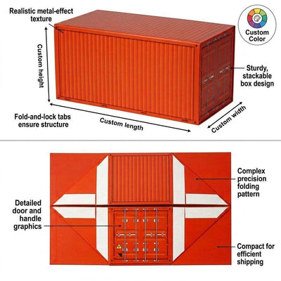 Custom Shipping Container Shape Foldable Gift Box | Realistic Metal Texture with Inner Divider for Food Wine Electronics & Corporate Creative Gifts | MOQ 100 pcs
