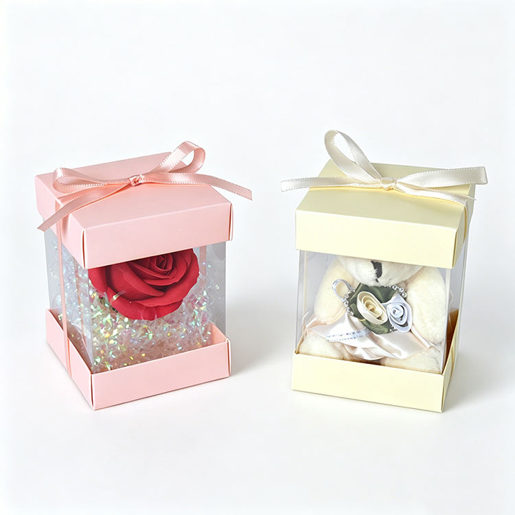 Custom Clear PVC Four-Side Window Gift Display Box | Colored Cardboard Lid & Base Satin Ribbon Bow Multi-Size for Preserved Rose Plush Doll Jewelry Holiday Premium Gift Brand Packaging | MOQ 100 pcs