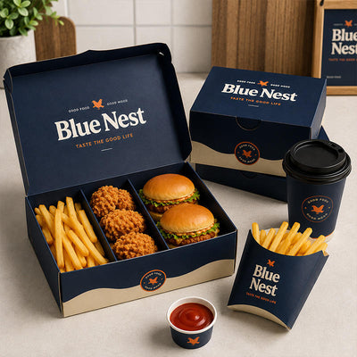 Custom Navy Blue Meal Box Set | Branded Fast Food Packaging with Burger Box Fry Cup & Coffee Cup | MOQ 100 pcs