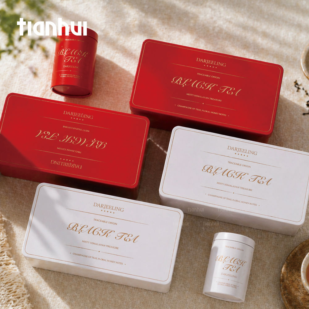 Custom Premium Tea Gift Set Tin Box | Rectangle Tray with 2 Round Tea Caddies Gold Foil Script Print Foam Interior Red or White for Black Tea Green Tea Coffee & Luxury Brand Gift Set | MOQ 100 pcs