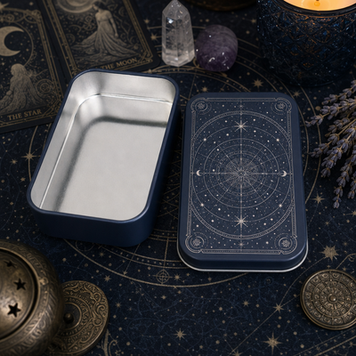 Custom Mystical Tarot Astrology Rectangle Tin Box | Dark Green Gold Celestial Star Chart or Navy Blue Silver Constellation Print for Tarot Card Crystal Candle Aromatherapy & Witchy Brand Gift Tin | MOQ 100 pcs