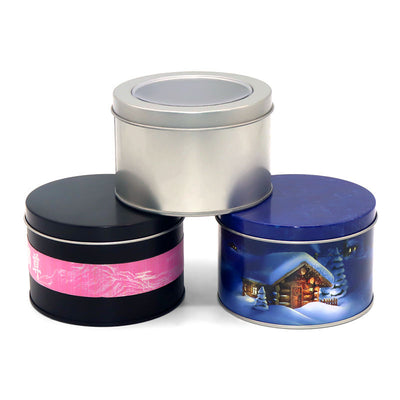 Custom Large Round Tin Can with Optional Clear Window Lid | Multi-Color Full-Color Print Silver Black Christmas for Cookie Tea Candy Candle & Puzzle Gift Tin Packaging | MOQ 100 pcs