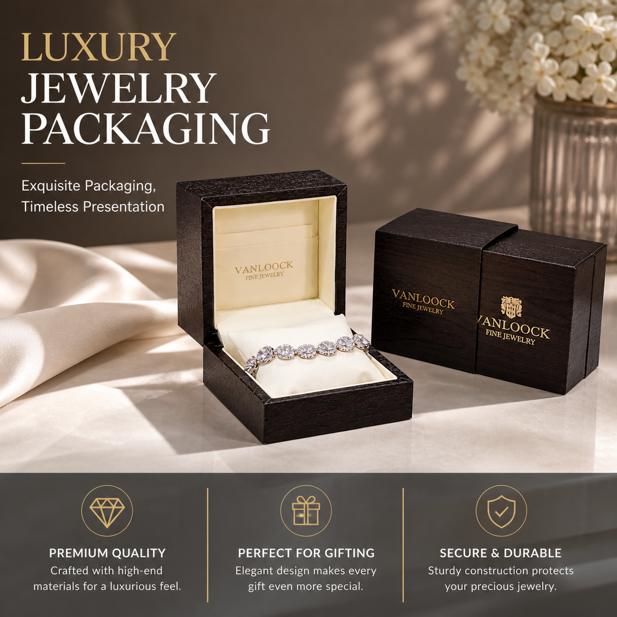Custom Luxury Jewelry Wood Box with Slide Outer Shell | Dark Walnut Wood Grain Cream Velvet Interior Gold Brand Hot Stamp for Ring Bracelet Necklace Earring Fine Jewelry Brand Gift | MOQ 100 pcs