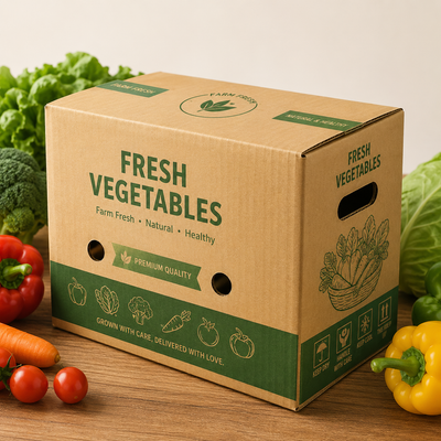 Cajas Personalizadas de Cartón Ondulado para Verduras y Hortalizas | Bandeja RSC Ventilada con Bisagras y Caja Apilable con Logotipo | Cantidad Mínima de Pedido 100 unidades