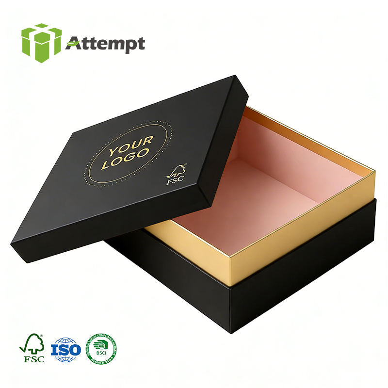 Custom Matte Black Two-Piece Lid and Base Gift Box | Gold Interior Pink Base Gold Foil Logo FSC Certified for Beauty Skincare Apparel Candy & Gift Brand Packaging | MOQ 100 pcs