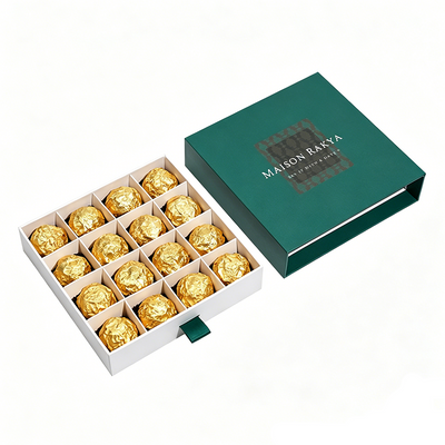 Custom Dark Green Drawer Gift Box | Clear PVC Window Silver Logo Ribbon Pull & Grid Insert for Chocolate Candy Macaron Mooncake & Food Gift Sets | MOQ 100 pcs
