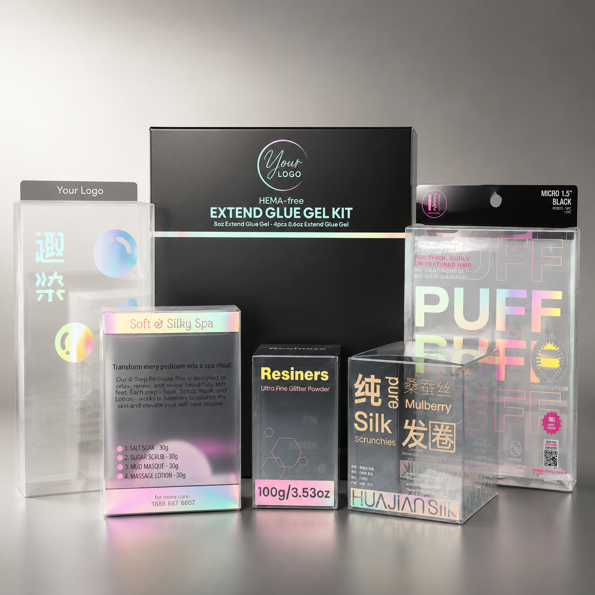 Custom Holographic Iridescent PVC Folding Clear Packaging Box | Full Color UV Print Laser Foil Finish Multi-Size for Nail Beauty Skincare Sports Goggles Hair Accessories Health Trend Brand Retail | MOQ 100 pcs