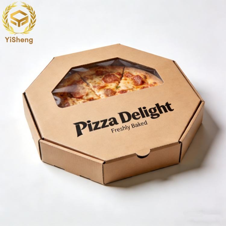Custom Octagonal Pizza Box with Clear PVC Window | White or Kraft Paper Corrugated for Artisan Handmade Pizza Brand Delivery & Dine-In Packaging | MOQ 100 pcs