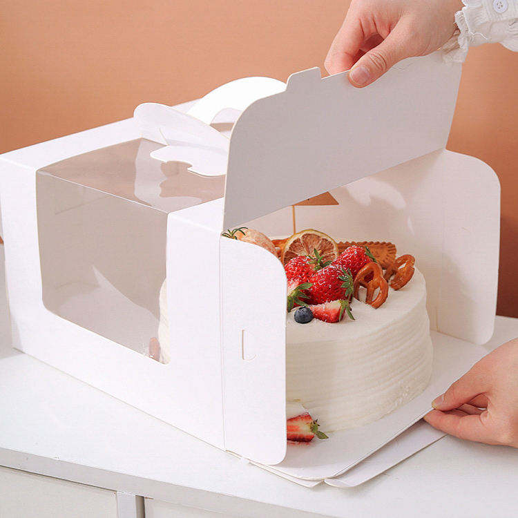 Custom White Clear PVC Window Whole Cake Carry Box with Handle | Plain White with Ribbon Option for 6 8 10 Inch Cake Bakery Dessert Shop Takeaway Packaging | MOQ 100 pcs