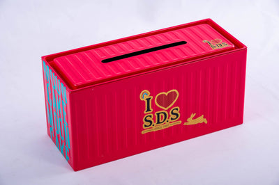 Custom Container Shape Mooncake Tin Box with Coin Slot Lid | Embossed Corrugated Texture Multi-Color Blue Red Pink Full-Color Brand Print for Mid-Autumn Festival & Holiday Gift Tin | MOQ 100 pcs