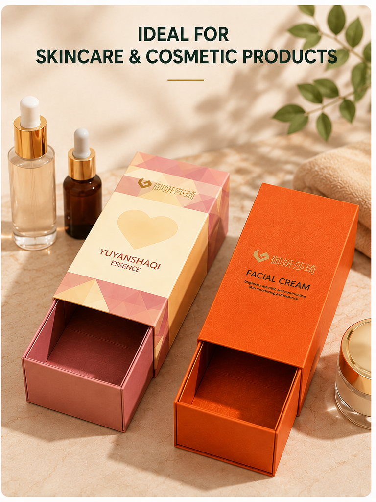 Custom Foldable Drawer Box | Full-Color Print Any Design Logo & Brand Color for Skincare Serum Facial Cream & Single Cosmetic Product Packaging | MOQ 100 pcs