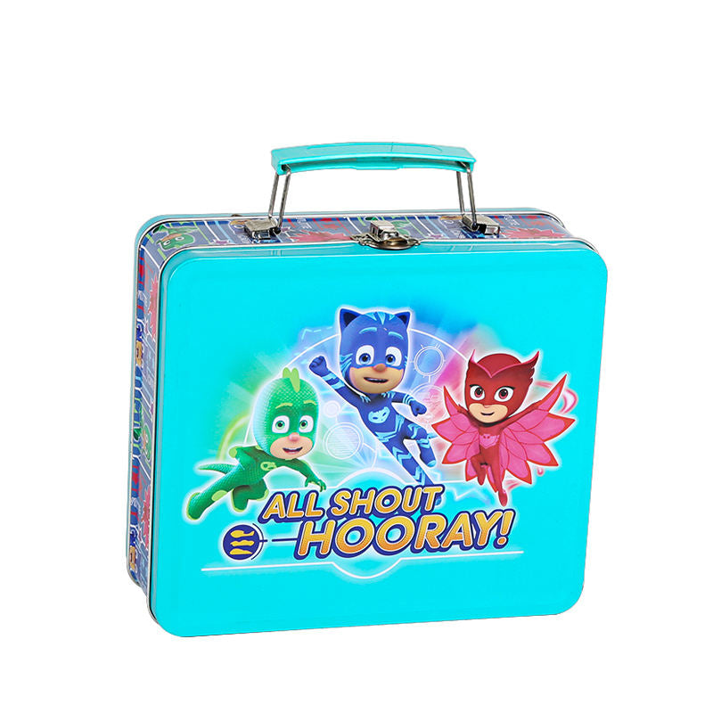 Custom Kids Cartoon Superhero Tin Lunch Box with Handle & Clasp | Teal Full-Color Print for Children Candy Snack Stationery & Toy Gift Tin Packaging | MOQ 100 pcs