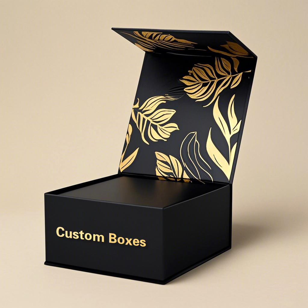 Custom Matte Black Magnetic Gift Box | Gold Foil Tropical Leaf Full Interior Print & Gold Logo Plaque for Luxury Skincare Jewelry Whisky & Corporate Gifts | MOQ 100 pcs