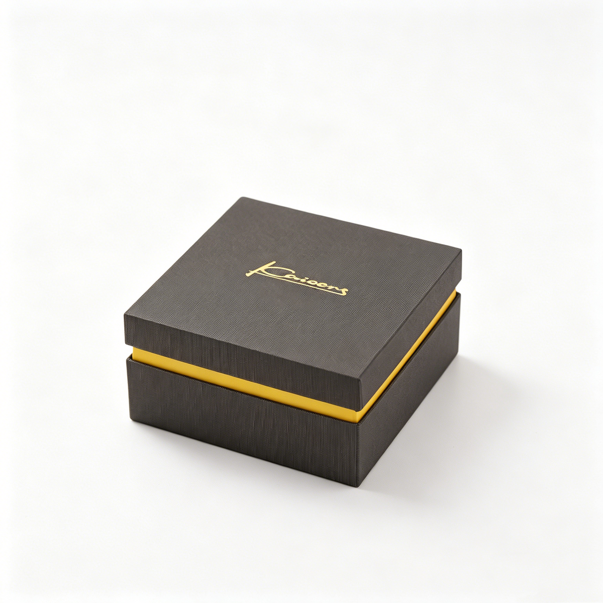 Custom Matte Black Two-Piece Lid and Base Gift Box | Gold Band & Script Logo Foil Yellow Velvet Interior for Jewelry Watch Perfume & Premium Accessories Brand Packaging | MOQ 100 pcs