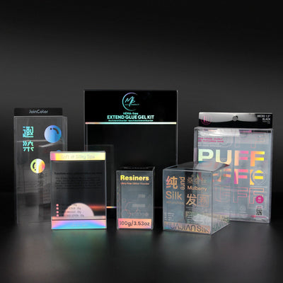 Custom Holographic Rainbow Laser Film & Clear PVC Folding Packaging Box | Full Color Print High-Impact Visual Finish Multi-Size for Nail Beauty Health Food Hair Trend Brand Retail Packaging | MOQ 100 pcs