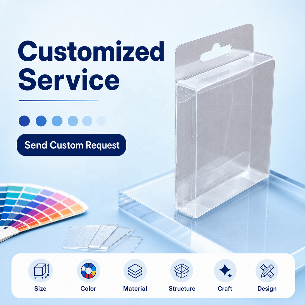 Custom Crystal Clear PVC Folding Display Box with Euro Hang Hole | Multi-Size Optional Full Color Print for Electronics Accessories Toys Beauty Tools Stationery Hardware Small Appliance General Retail Shelf Display | MOQ 100 pcs