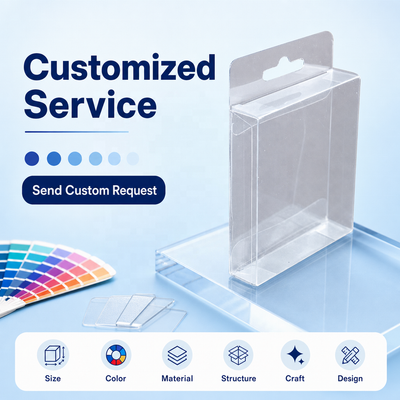 Custom Crystal Clear PVC Folding Display Box with Euro Hang Hole | Multi-Size Optional Full Color Print for Electronics Accessories Toys Beauty Tools Stationery Hardware Small Appliance General Retail Shelf Display | MOQ 100 pcs