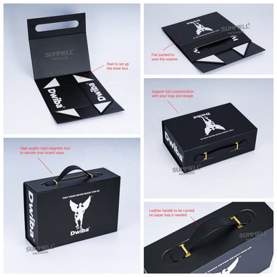 Custom Matte Black Rigid Suitcase Gift Box | Foldable Magnetic with Leather Handle & Gold Clasp for Luxury Apparel Sports & Gift Brands | MOQ 100 pcs