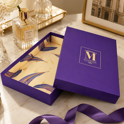 Custom Royal Purple Two-Piece Lid and Base Gift Box | Gold Logo Foil & Feather Print Interior for Scarf Perfume & Luxury Fashion Brand Premium Gift Packaging | MOQ 100 pcs