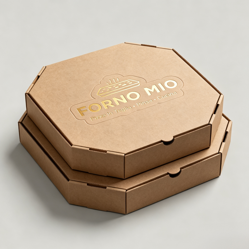 Cajas de pizza octogonales personalizadas | Logotipo en lámina dorada Kraft y embalaje de cartón ondulado negro | Cantidad mínima de pedido: 100 unidades