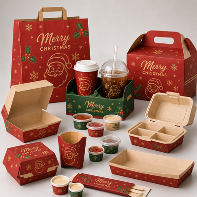 Custom Holiday Christmas Fast Food Paper Box Set | Burger Box Fry Cup Carry Box & Paper Bag | MOQ 100 pcs
